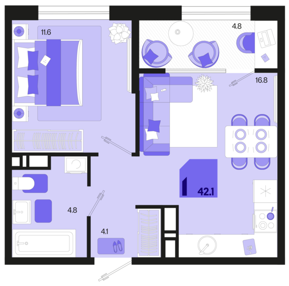 1-комнатная квартира №719 42,1 м2 от застройщика ГК ТОЧНО