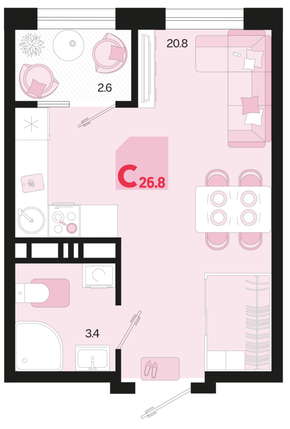 Студия №720 26,8 м2 от застройщика ГК ТОЧНО