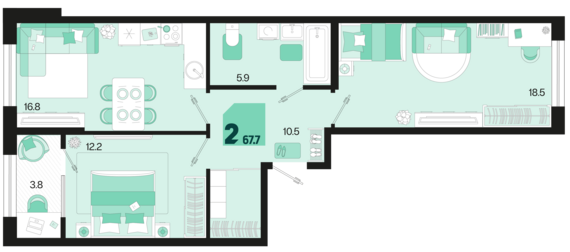 2-комнатная квартира №573 67,7 м2 от застройщика ГК ТОЧНО