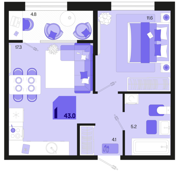 1-комнатная квартира №575 43 м2 от застройщика ГК ТОЧНО