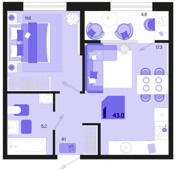 1-комнатная квартира №576 43 м2 от застройщика ГК ТОЧНО