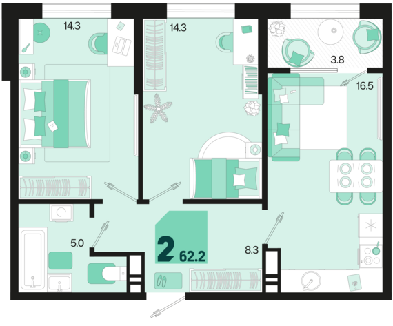 2-комнатная квартира №644 62,2 м2 от застройщика ГК ТОЧНО