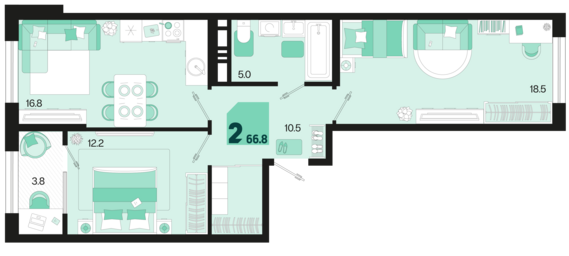 2-комнатная квартира №663 66,8 м2 от застройщика ГК ТОЧНО