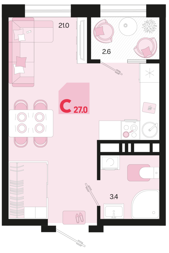 Студия №691 27 м2 от застройщика ГК ТОЧНО