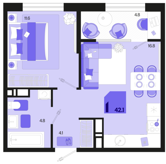 1-комнатная квартира №648 42,1 м2 от застройщика ГК ТОЧНО