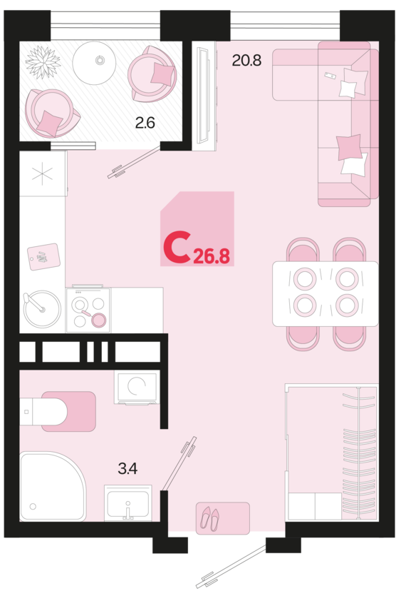 Студия №676 26,8 м2 от застройщика ГК ТОЧНО