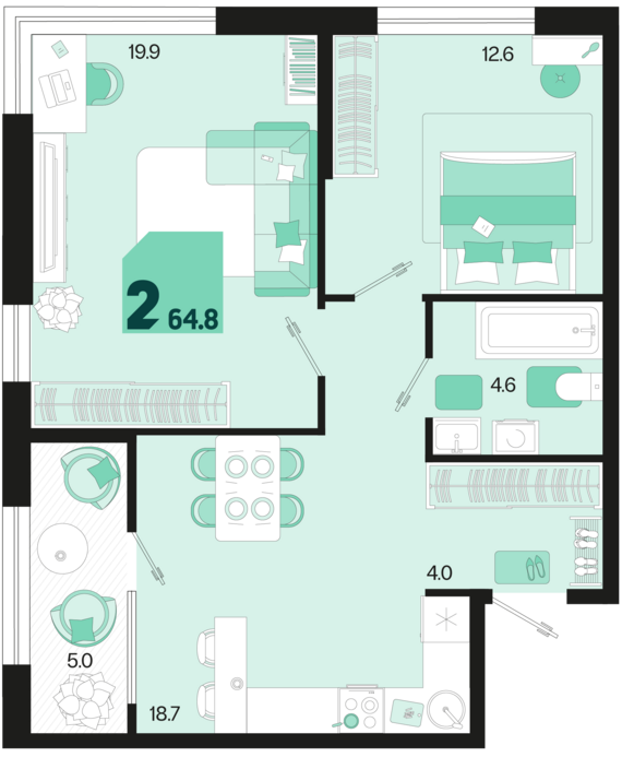 2-комнатная квартира №1 64,8 м2 от застройщика ГК ТОЧНО