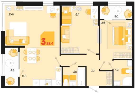 3-комнатная квартира №2 88,6 м2 от застройщика ГК ТОЧНО