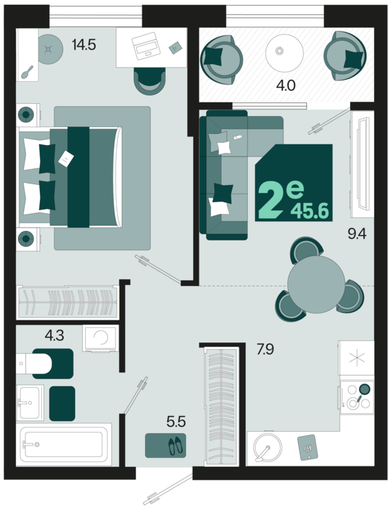 евро 2 к.кв. №3 45,6 м2 от застройщика ГК ТОЧНО