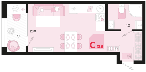 Студия №4 31,6 м2 от застройщика ГК ТОЧНО