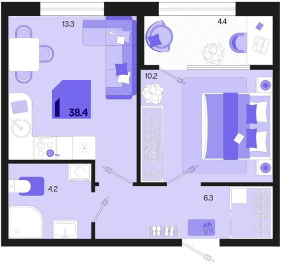1-комнатная квартира №5 38,4 м2 от застройщика ГК ТОЧНО