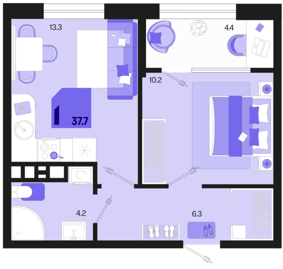 1-комнатная квартира №25 37,7 м2 от застройщика ГК ТОЧНО