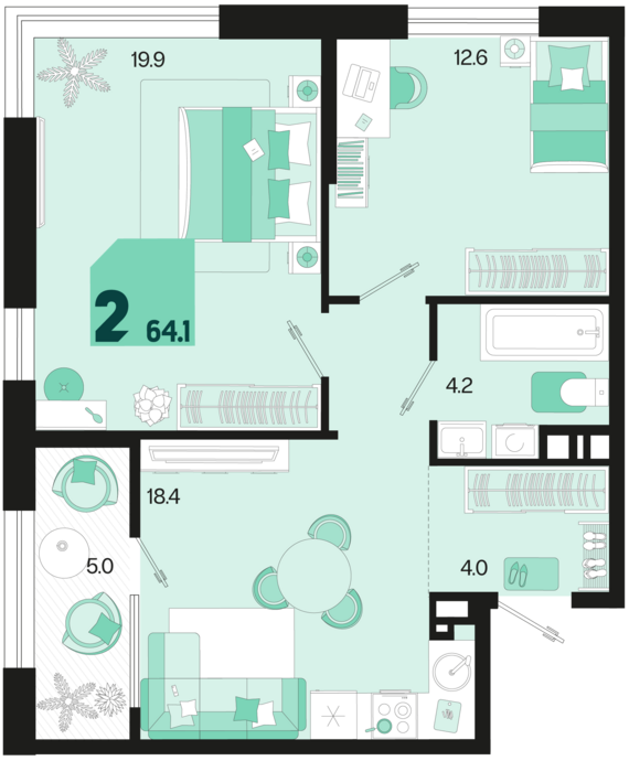 2-комнатная квартира №31 64,1 м2 от застройщика ГК ТОЧНО