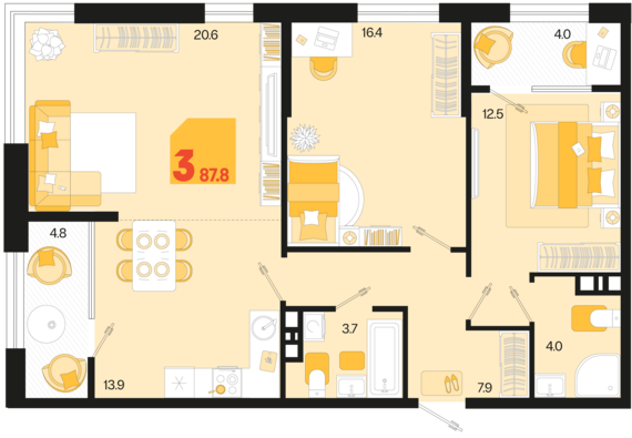 3-комнатная квартира №17 87,8 м2 от застройщика ГК ТОЧНО