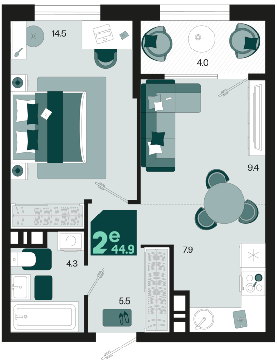 евро 2 к.кв. №13 44,9 м2 от застройщика ГК ТОЧНО