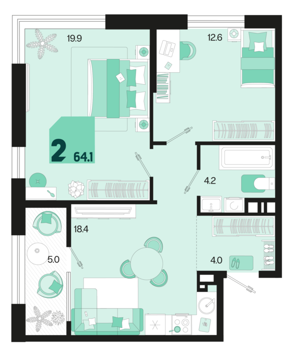 2-комнатная квартира №36 64,1 м2 от застройщика ГК ТОЧНО