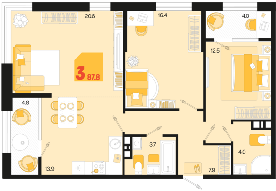 3-комнатная квартира №37 87,8 м2 от застройщика ГК ТОЧНО