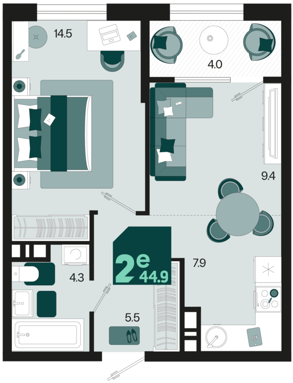 евро 2 к.кв. №38 44,9 м2 от застройщика ГК ТОЧНО