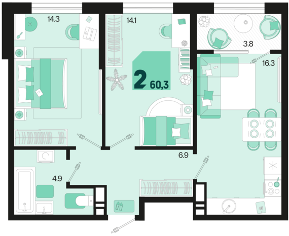 2-комнатная квартира №136 60,3 м2 от застройщика ГК ТОЧНО