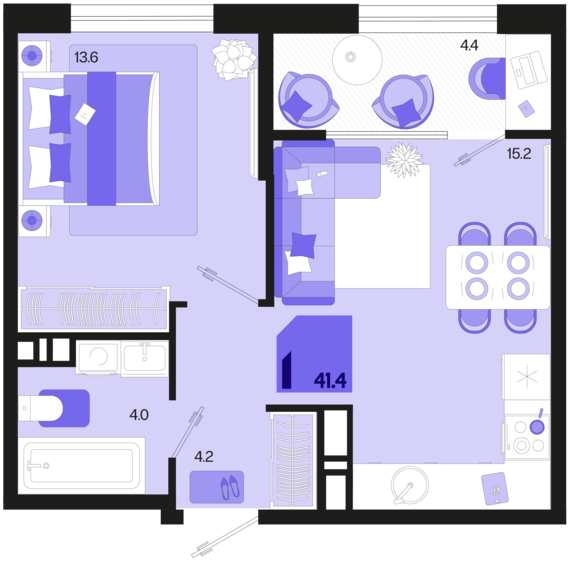 1-комнатная квартира №155 41,4 м2 от застройщика ГК ТОЧНО