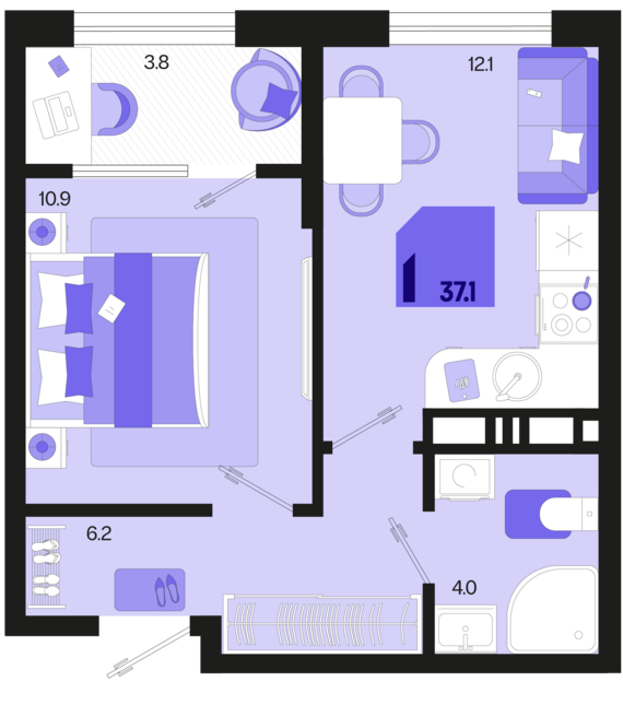 1-комнатная квартира №133 37,1 м2 от застройщика ГК ТОЧНО