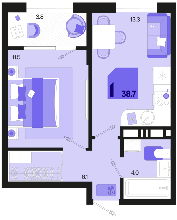1-комнатная квартира №119 38,7 м2 от застройщика ГК ТОЧНО