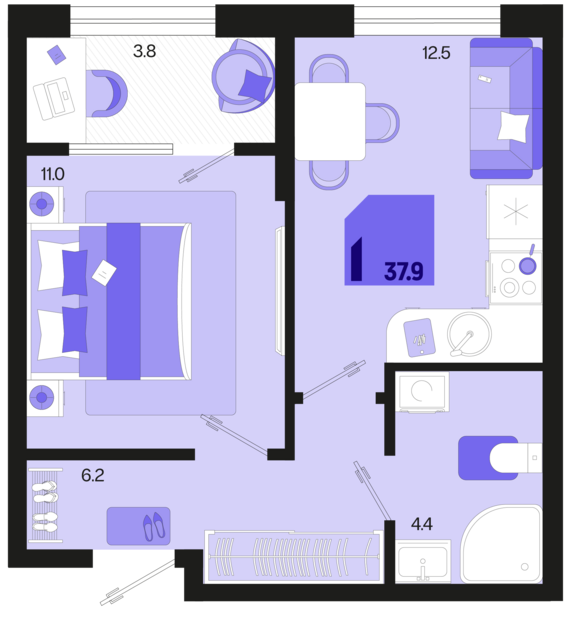 1-комнатная квартира №45 37,9 м2 от застройщика ГК ТОЧНО
