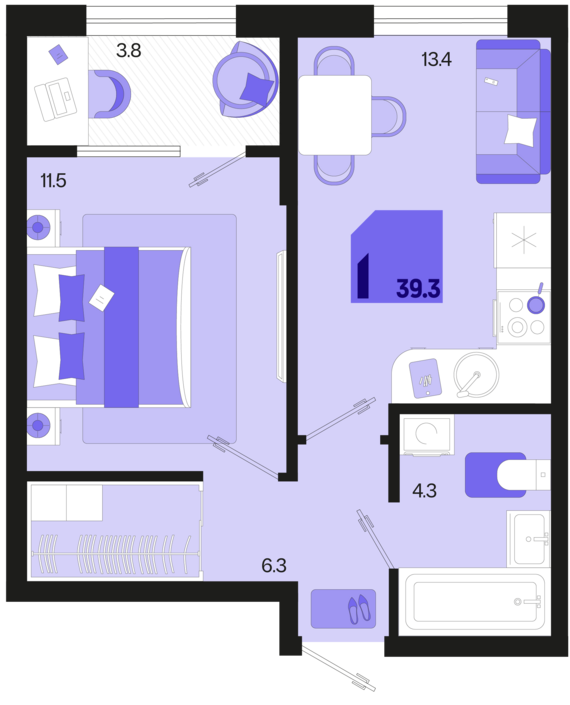 1-комнатная квартира №47 39,3 м2 от застройщика ГК ТОЧНО