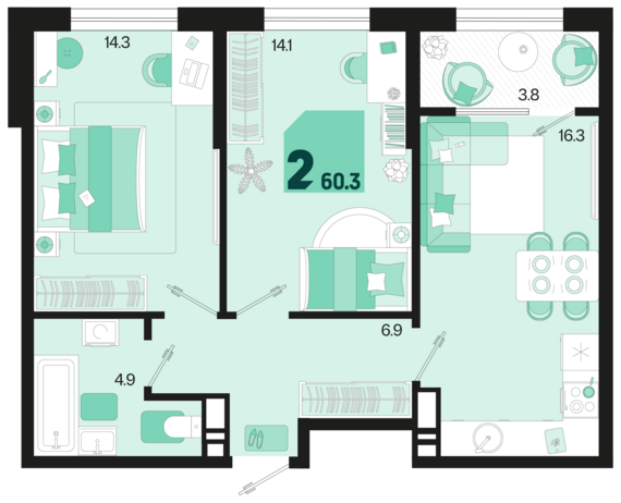 2-комнатная квартира №104 60,3 м2 от застройщика ГК ТОЧНО