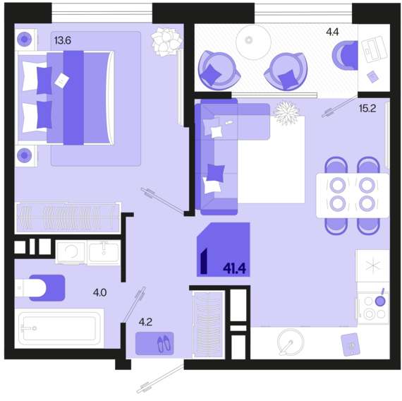 1-комнатная квартира №91 41,4 м2 от застройщика ГК ТОЧНО