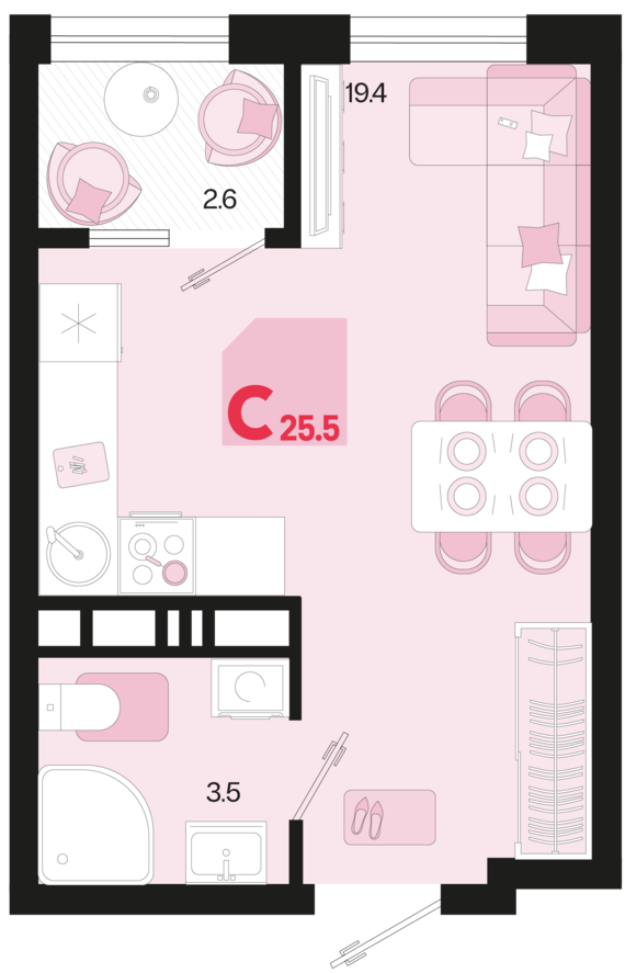 Студия №76 25,5 м2 от застройщика ГК ТОЧНО