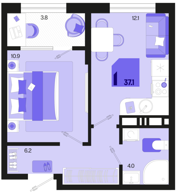 1-комнатная квартира №101 37,1 м2 от застройщика ГК ТОЧНО