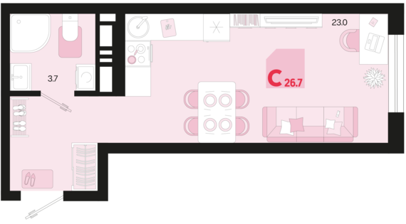 Студия №54 26,7 м2 от застройщика ГК ТОЧНО