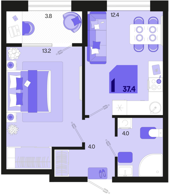 1-комнатная квартира №348 37,4 м2 от застройщика ГК ТОЧНО
