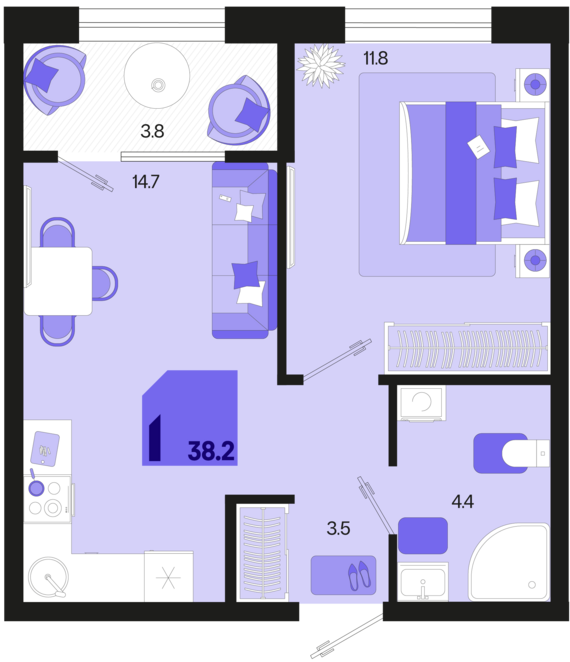 1-комнатная квартира №349 38,2 м2 от застройщика ГК ТОЧНО
