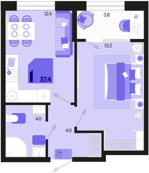 1-комнатная квартира №350 37,4 м2 от застройщика ГК ТОЧНО