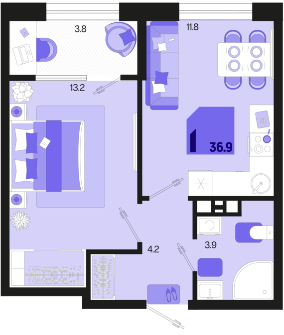 1-комнатная квартира №373 36,9 м2 от застройщика ГК ТОЧНО