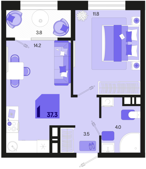 1-комнатная квартира №384 37,3 м2 от застройщика ГК ТОЧНО