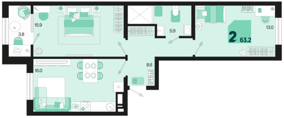 2-комнатная квартира №308 63,2 м2 от застройщика ГК ТОЧНО