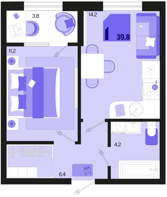 1-комнатная квартира №310 39,8 м2 от застройщика ГК ТОЧНО