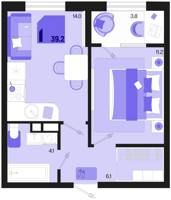 1-комнатная квартира №334 39,2 м2 от застройщика ГК ТОЧНО