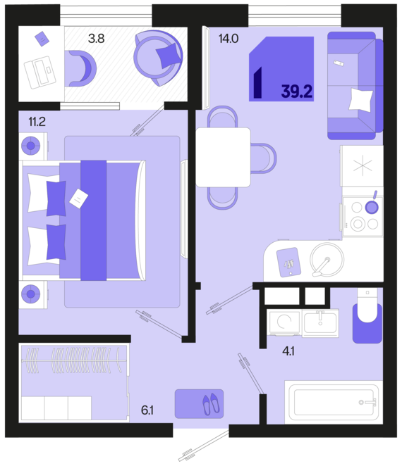 1-комнатная квартира №325 39,2 м2 от застройщика ГК ТОЧНО
