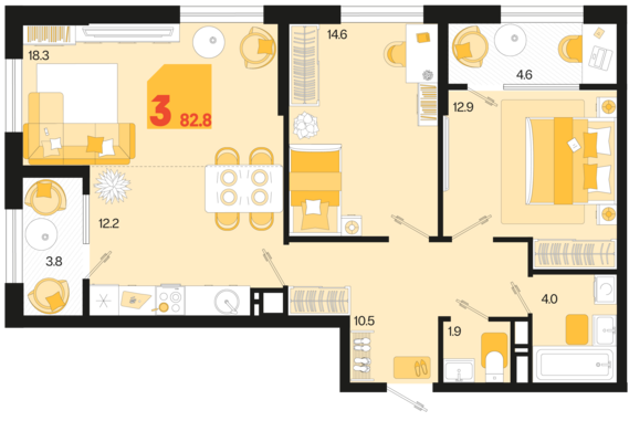 3-комнатная квартира №341 82,8 м2 от застройщика ГК ТОЧНО