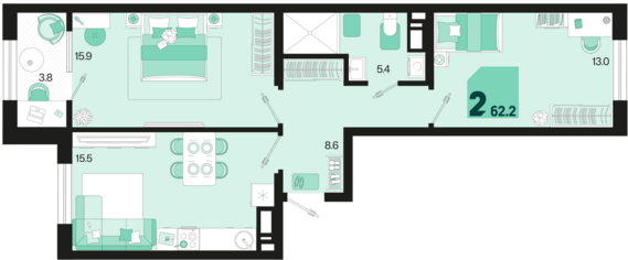 2-комнатная квартира №343 62,2 м2 от застройщика ГК ТОЧНО