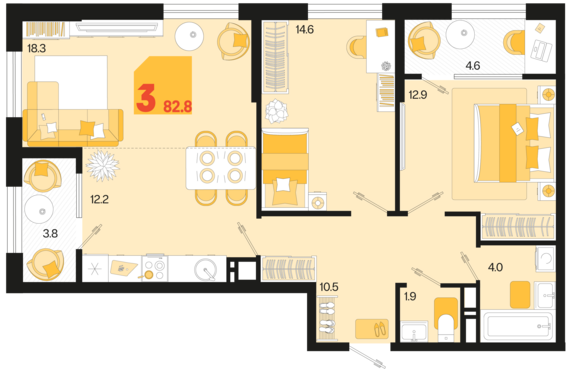3-комнатная квартира №345 82,8 м2 от застройщика ГК ТОЧНО