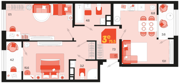 евро 3 к.кв. №346 75,5 м2 от застройщика ГК ТОЧНО
