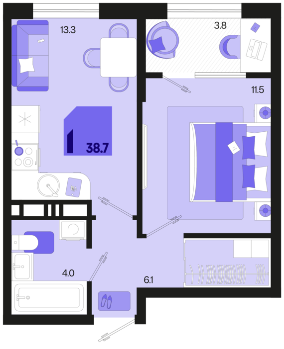 1-комнатная квартира №294 38,7 м2 от застройщика ГК ТОЧНО