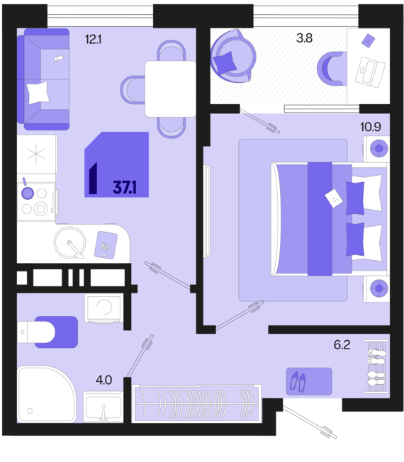 1-комнатная квартира №280 37,1 м2 от застройщика ГК ТОЧНО