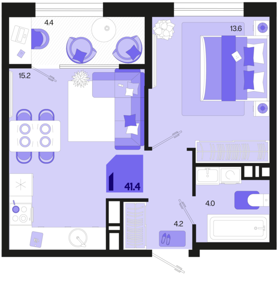 1-комнатная квартира №290 41,4 м2 от застройщика ГК ТОЧНО