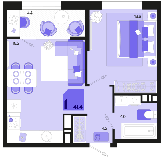 1-комнатная квартира №304 41,4 м2 от застройщика ГК ТОЧНО